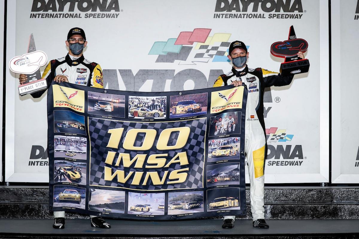 Corvette Racing drivers Antonio Garcia and Jordan Taylor gave the team its 100th victory in IMSA competition on Saturday at Daytona Int'l Speedway. (IMSA Photo)