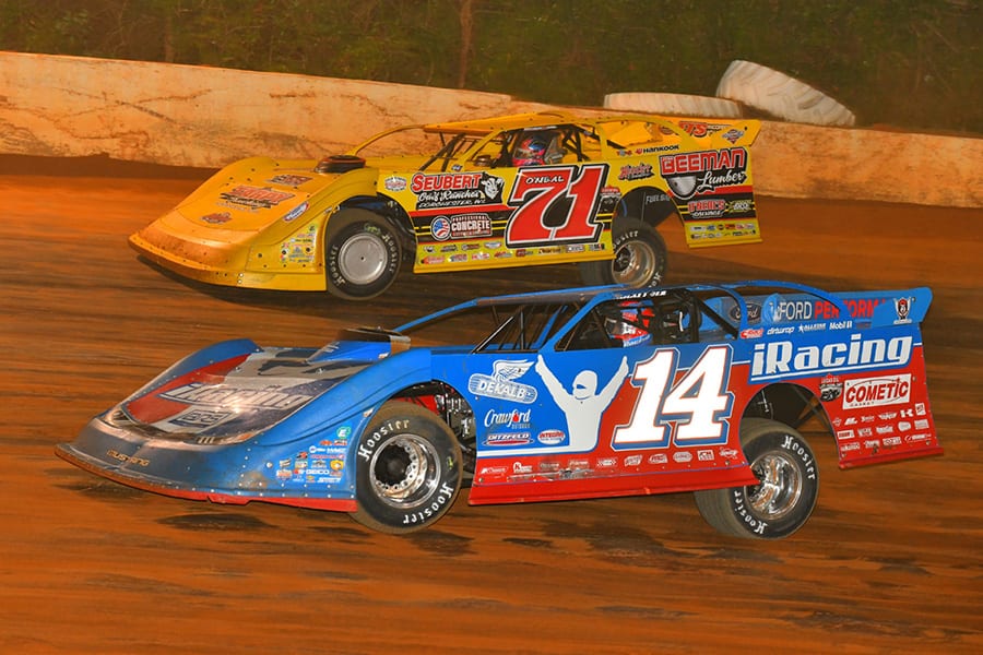 Josh Richards (14) battles Hudson O'Neal during Friday's Lucas Oil Late Model Dirt Series feature at 411 Motor Speedway. (Michael Moats Photo)