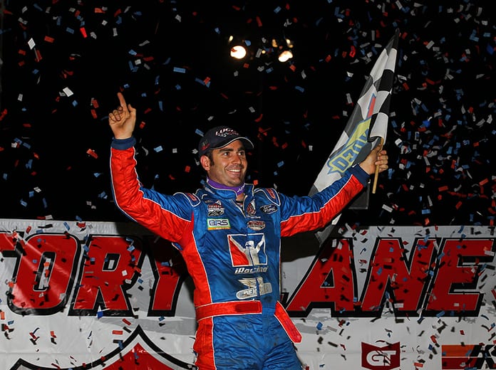 Josh Richards celebrates after his victory Monday at 300 Raceway. (Mike Ruefer Photo)