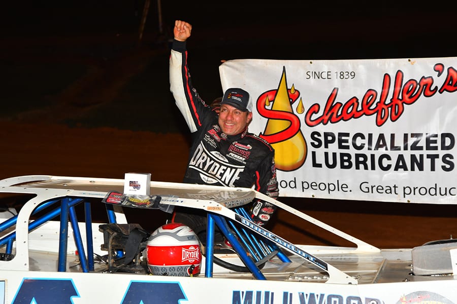 Chris Madden celebrates after winning Friday's Schaeffer’s Oil Southern Nationals Series event at 411 Motor Speedway. (Michael Moats Photo)