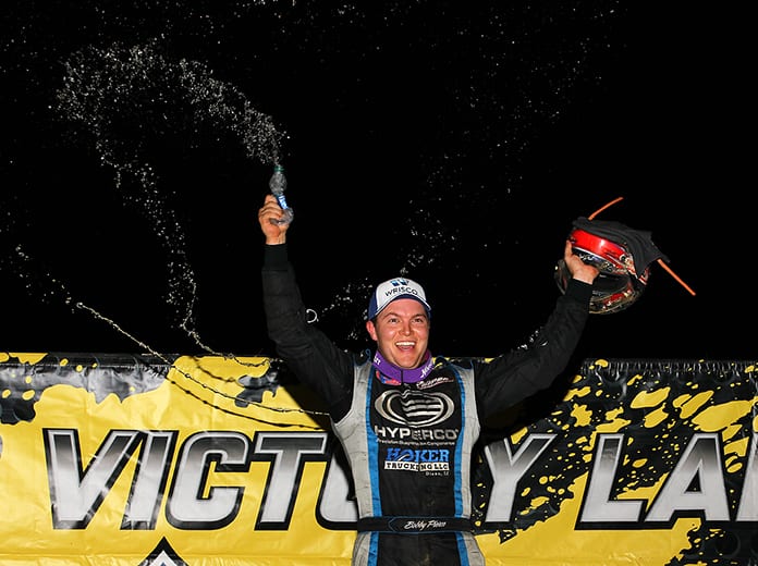 Bobby Pierce celebrates after winning Friday's Lucas Oil MLRA Slocum 50 at 34 Raceway. (Mike Ruefer Photo)