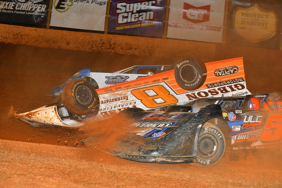 David Payne gets flipped on his roof during Friday's Schaeffer’s Oil Southern Nationals Series event at Smoky Mountain Speedway. (Michael Moats Photo)