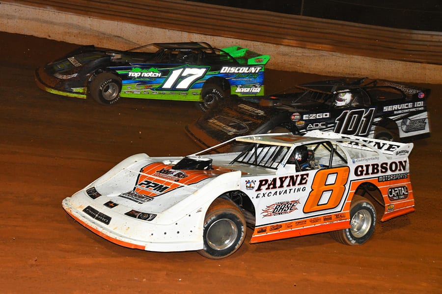 David Payne (8), Forrest Trent (101) and Brian Shockley race three-wide during Friday's Schaeffer's Oil Iron-Man Championship Late Model Series event at Tazewell Speedway. (Michael Moats Photo)