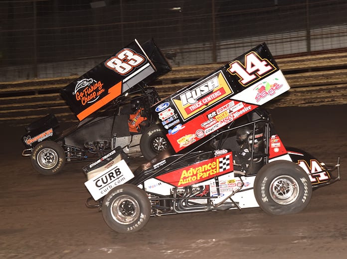 Tim Shaffer (14), shown here last weekend in 360 action at Knoxville Raceway battling Lynton Jeffrey, will be in action Thursday during the 360 Knoxville Nationals. (Paul Arch Photo)