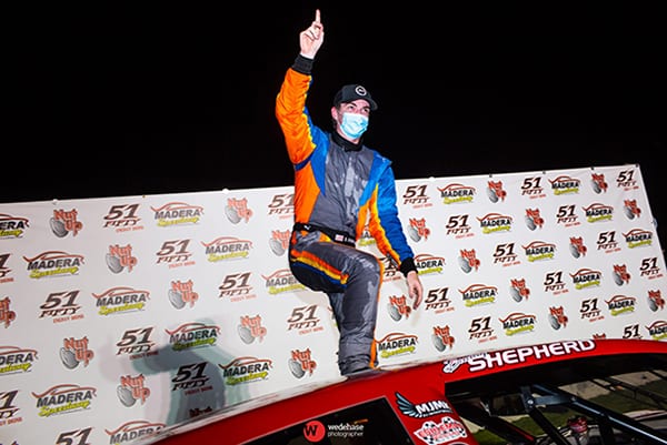 Brandon Shepherd celebrates after winning Saturday's Nut Up Pro Late Model Series event at Madera Speedway. (Jason Wedehase Photo)