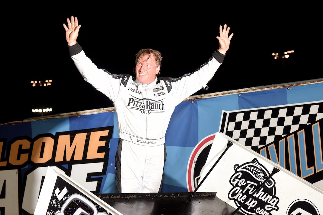 Lynton Jeffrey in victory lane at Knoxville Raceway. (Paul Arch photo)