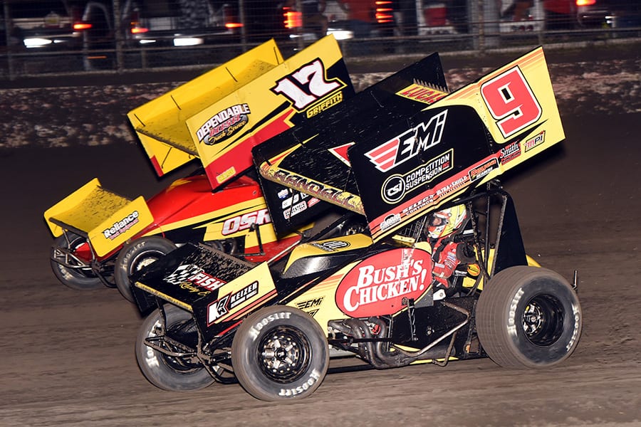 Chase Randall (9) and Channin Tankersley race for position during Tuesday's Lucas Oil American Sprint Car Series feature at Lakeside Speedway. (Paul Arch Photo)