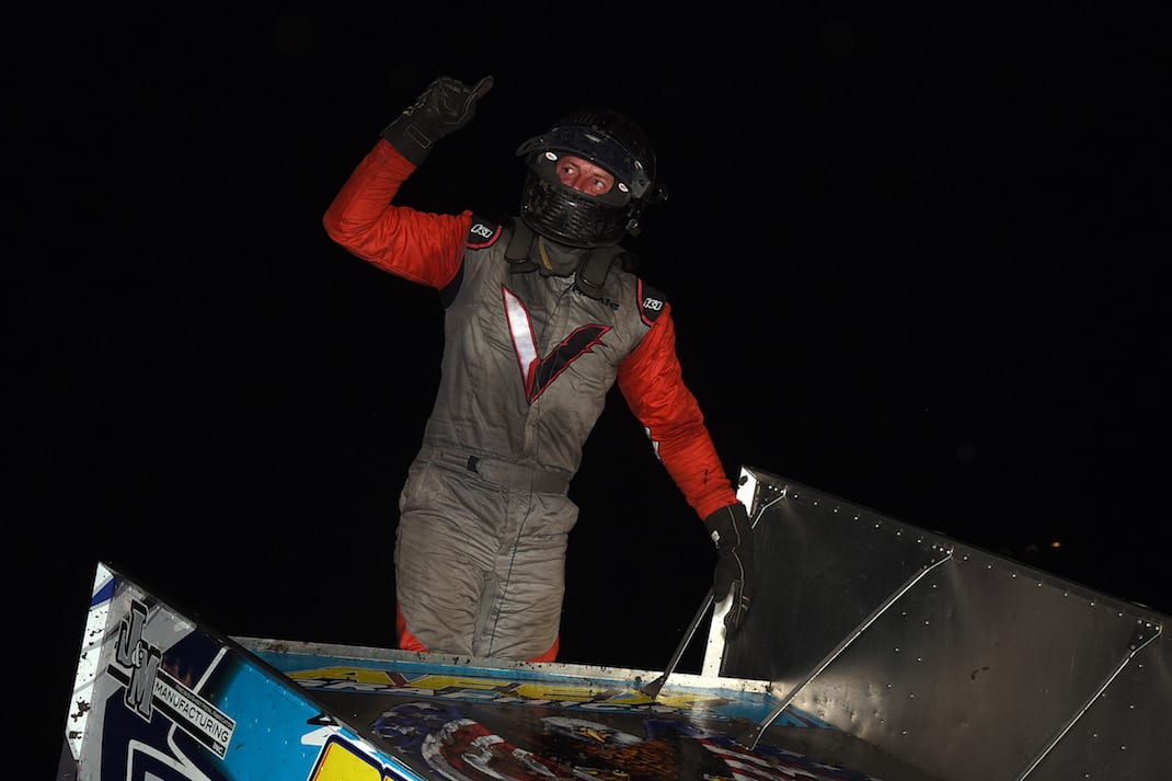 J.J. Hickle in victory lane at Lakeside Speedway. (Paul Arch photo)