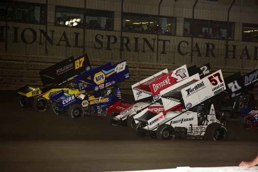 The four-wide parade lap prior to Saturday's Brownells Capitani Classic at Knoxville Raceway. (Mark Funderburk photo)