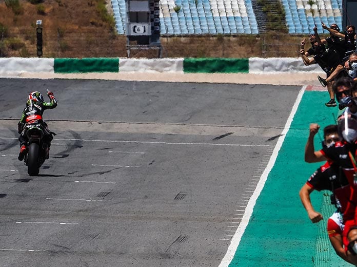 Jonathan Rea crosses the finish line to win Sunday's World Superbike race in Portugal. (WorldSBK Photo)