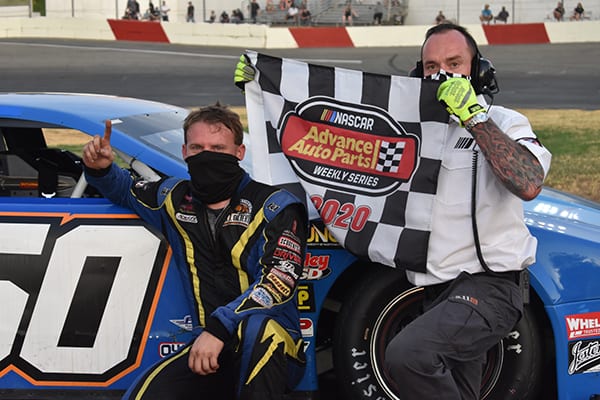 Matt Erickson celebrates his first win since June of 2019 at All American Speedway in Late Model competition (Don Thompson Photo)