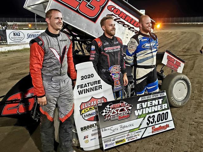 Seth Bergman (center) outran J.J. Hickle and Colton Heath to win Thursday's ASCS Sprint Week feature at 81 Speedway. (ASCS Photo)