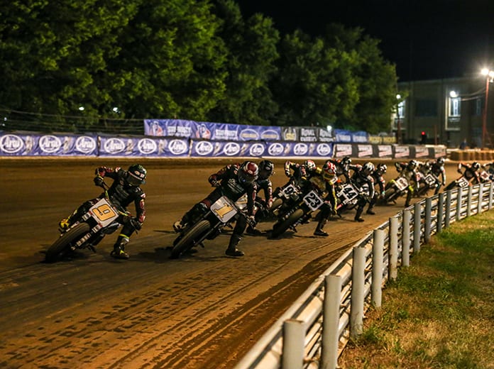 Jared Mees (9) leads Briar Bauman during Saturday's American Flat Track race at the Indiana State Fairgrounds. (AFT Photo)