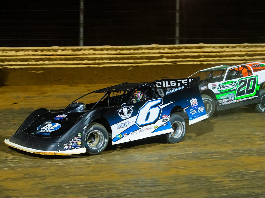 Kyle Larson (6) battles Jimmy Owens during Larson's dirt late model debut at Port Royal Speedway on Aug. 27, 2020. (Heath Lawson Photo)