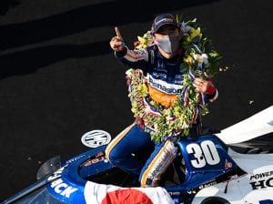 Takuma Sato in victory lane Sunday at Indianapolis Motor Speedway. (IndyCar Photo)