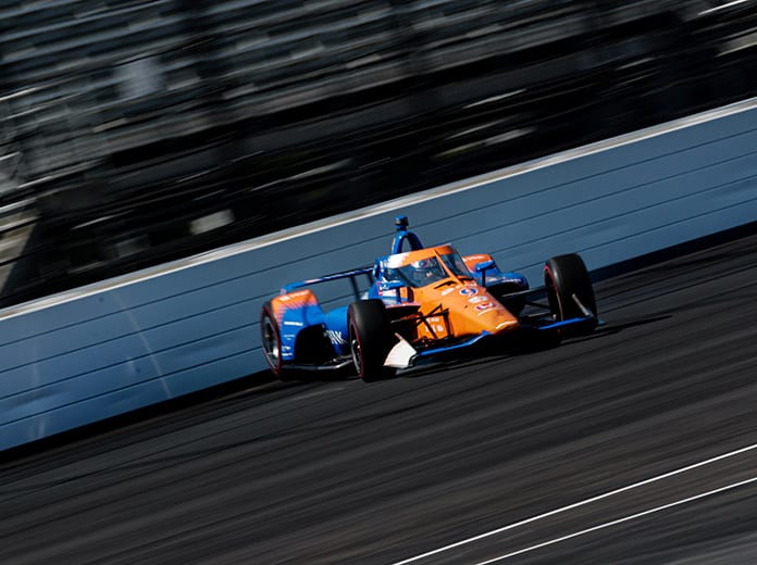 Scott Dixon's car breaks loose and spins during Sunday's Indianapolis 500 practice. (IndyCar Photo)