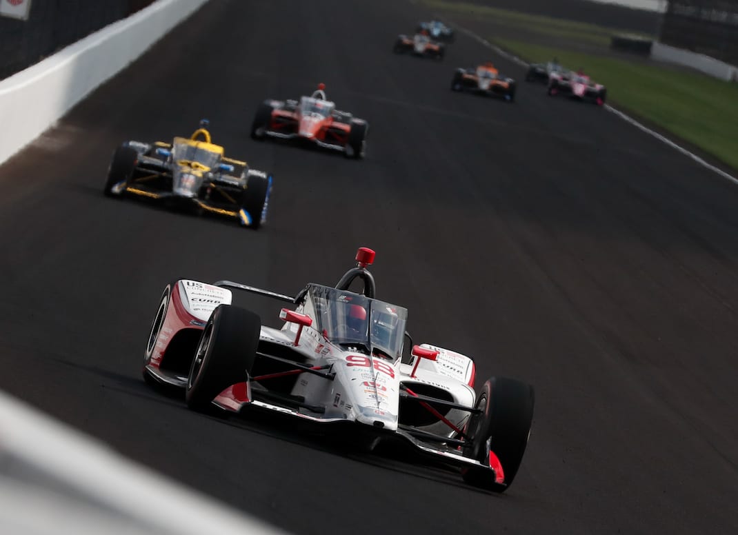 Marco Andretti leads a pack of cars, including teammate Alexander Rossi, during practice at Indianapolis Motor Speedway. (IndyCar photo)