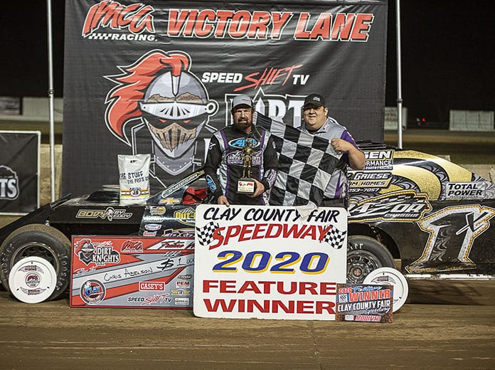 Chris Abelson raced to his seventh career Speed Shift TV Dirt Knights Tour IMCA Modified victory Monday night at Clay County Fair Speedway. (Jim Steffens Photo)
