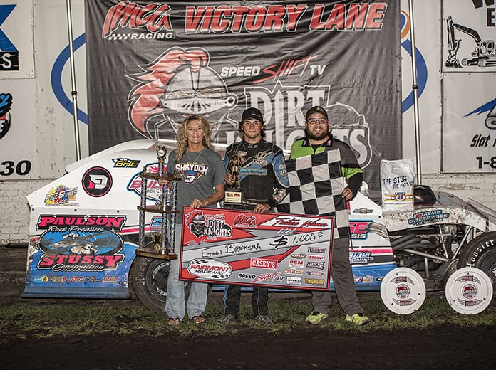 Ethan Braaksma won for the third time in five Speed Shift TV Dirt Knights starts this summer, when the tour for IMCA Modifieds traveled to Fairmont Raceway Wednesday night. (Jim Steffens Photo)