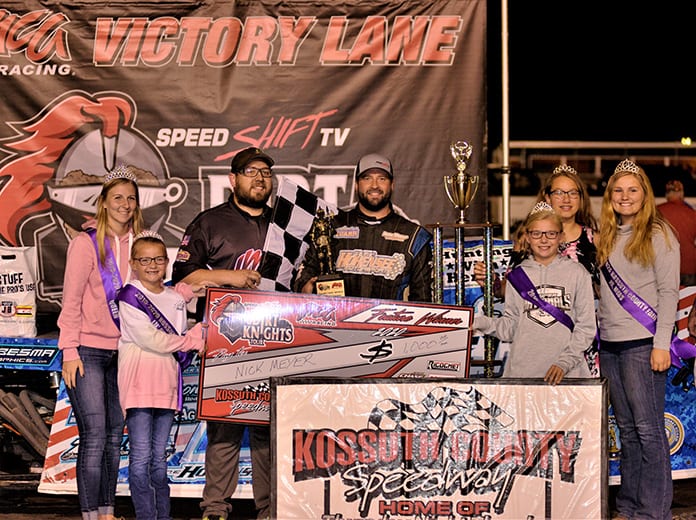 Nick Meyer was joined by fair royalty in victory lane following his Speed Shift TV Dirt Knights Tour for IMCA Modifieds feature win at Kossuth County Speedway. (Icon Images Photo)