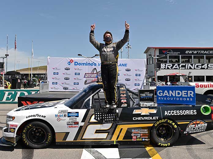 Sheldon Creed celebrates his victory Sunday at World Wide Technology Raceway. (Jeff Curry/Getty Images Photo)