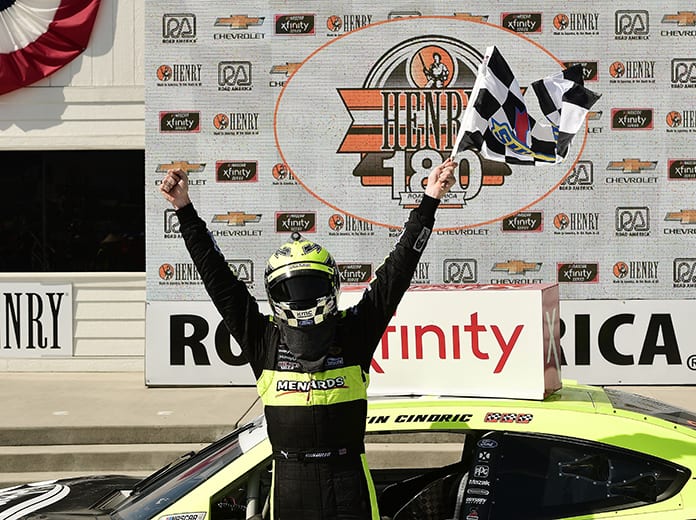 Austin Cindric celebrates after winning Saturday's NASCAR Xfinity Series event at Road America. (Stacy Revere/Getty Images Photo)