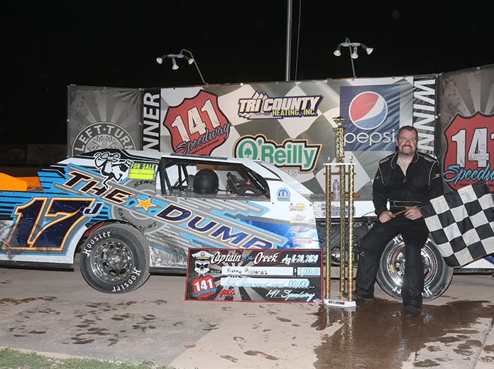 Kenny Richards went from starting 13th to being on cloud nine after his $5,000 Karl Kustoms Northern SportMod Captain of the Creek feature win at 141 Speedway. (Dan Lewis Photography)