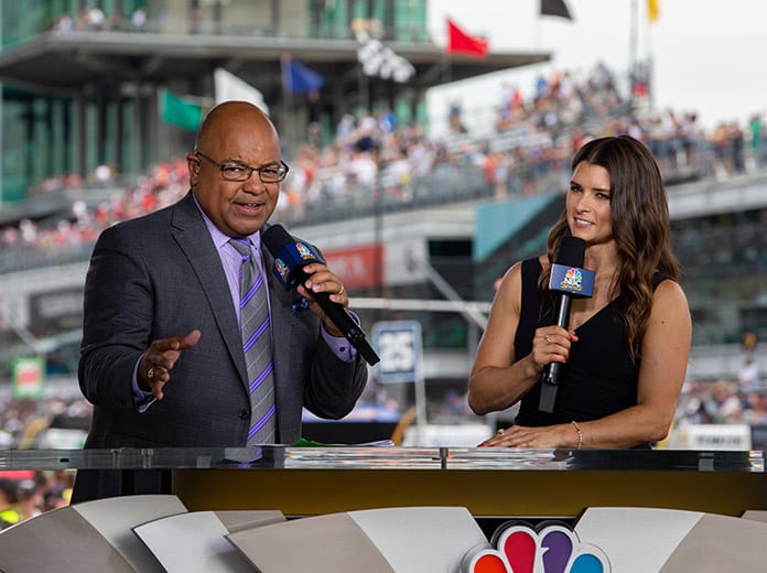Danica Patrick (right) will return to Indianapolis Motor Speedway Sunday to once again join Mike Tirico as co-hosts of NBC's Indianapolis 500 broadcast. (IndyCar Photo)
