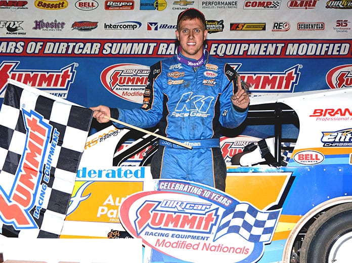 Nick Hoffman stands in victory lane after winning his 10th Summit Racing Equipment Modified Nationals feature race at Illinois’s Kankakee County Speedway Tuesday night. (Stan Kalwasinski Photo)