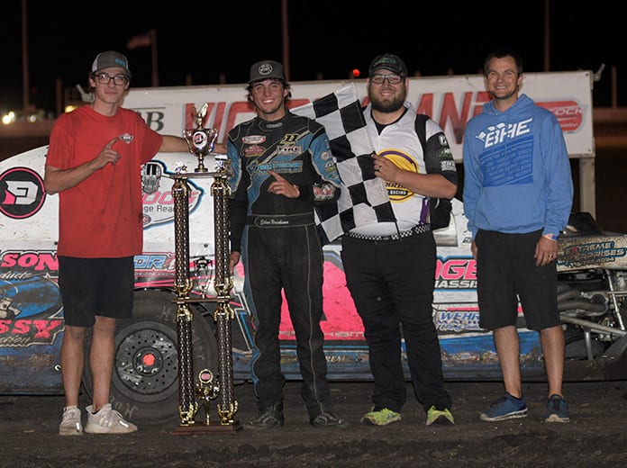 Rising star Ethan Braaksma took the $3,000 IMCA Modified checkers at Hancock County Speedway’s Night of 1,000 Stars special Thursday. (ICON Images Photo)
