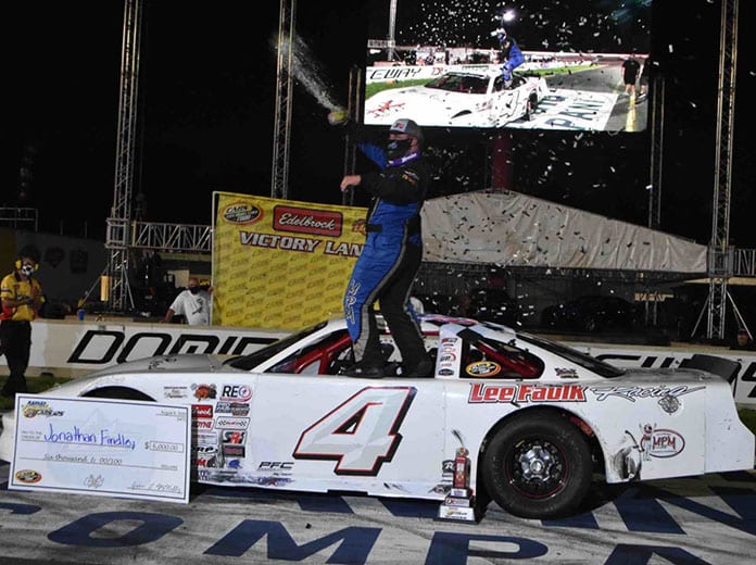 Jonathan Findley celebrates after claiming his first CARS Tour victory Saturday night at Dominion Raceway. (Andrew Fuller Photo)