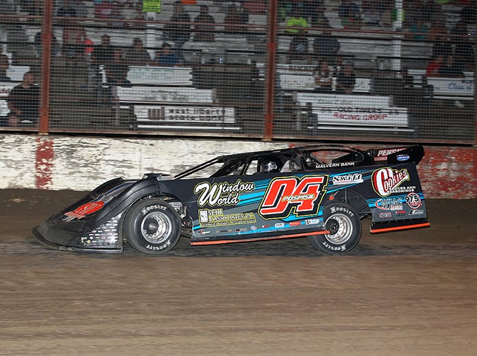 Tad Pospisil on his way to victory Saturday at West Liberty Raceway. (Mike Ruefer Photo)