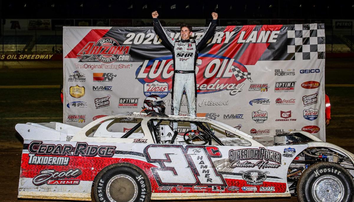 Cole Henson celebrates his Warsaw Auto Marine & RV ULMA Late Model track championship Saturday night at Lucas Oil Speedway. (GS Stanek Racing Photography)