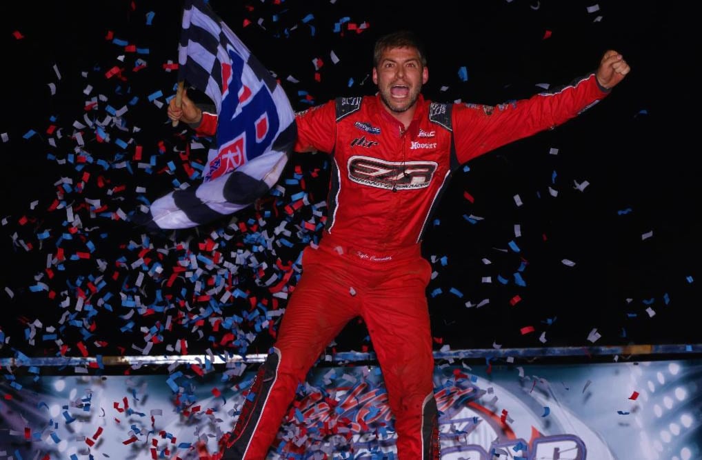 Kyle Cummins celebrates victory at Kokomo Speedway. (Rich Forman photo)