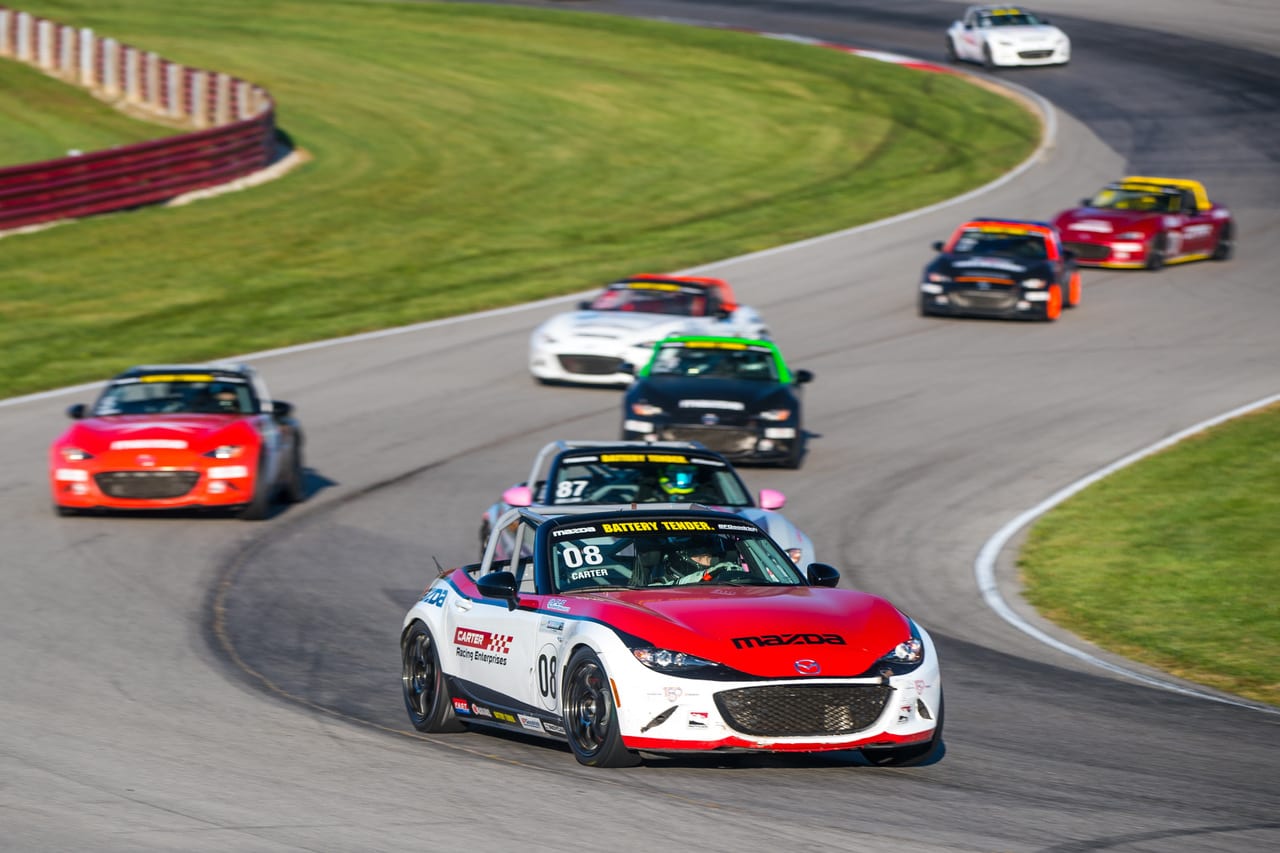 Michael Carter leads the field during Saturday's Global Mazda MX-5 Cup event at the Mid-Ohio Sports Car Course.