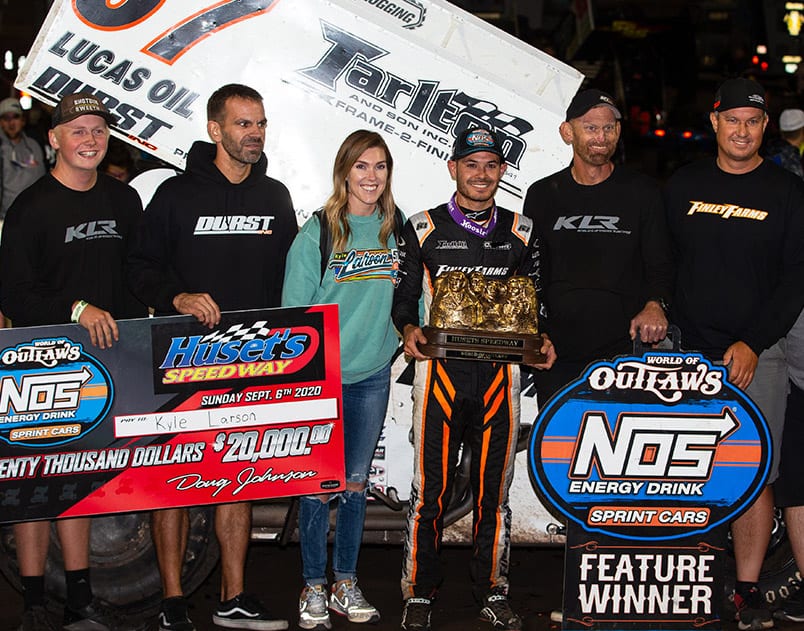 Kyle Larson in victory lane at Huset's Speedway. (Trent Gower photo)