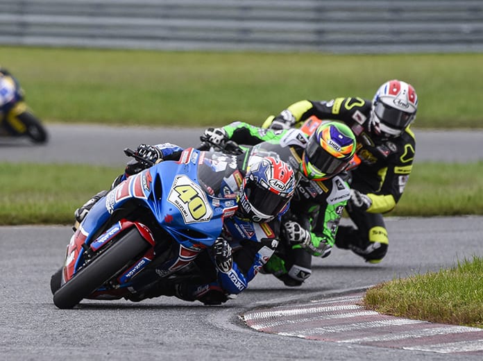 Sean Dylan Kelly (40) leads the field during Sunday's MotoAmerica Supersport event at New Jersey Motorsports Park. (Dennis Bicksler Photo)