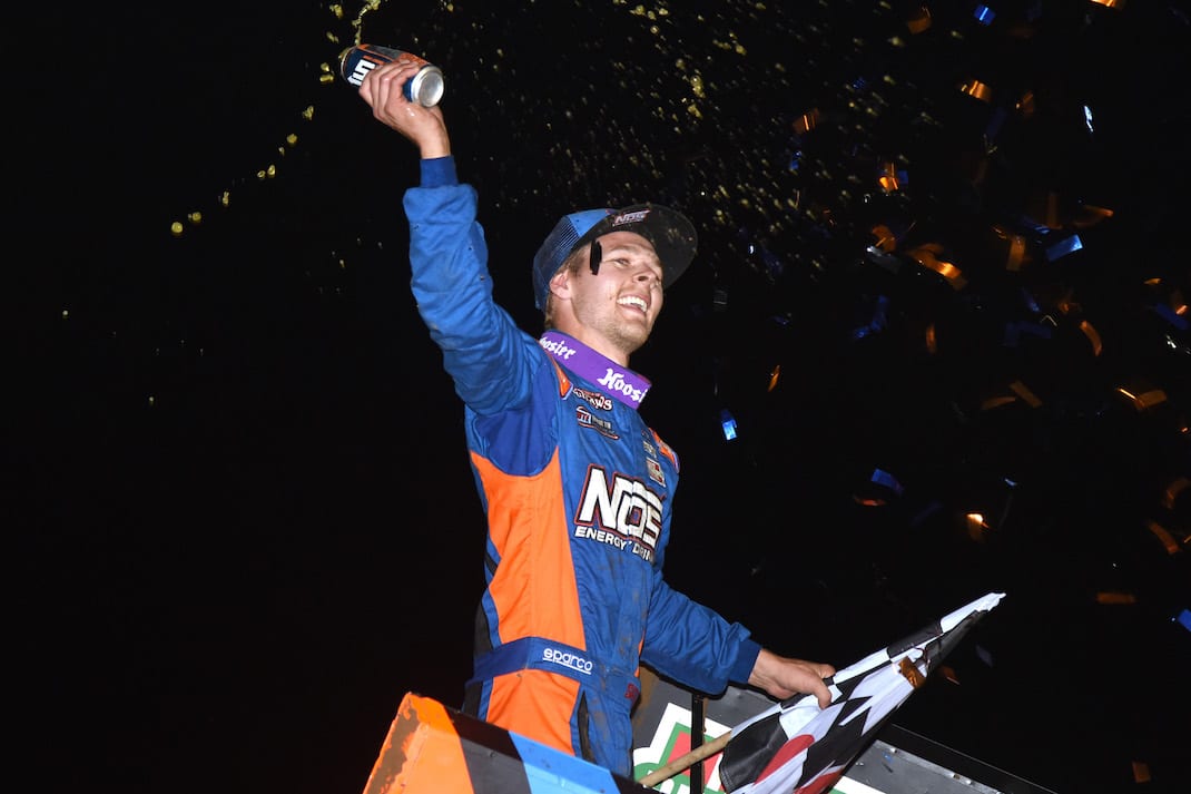 Sheldon Haudenschild won Friday night's World of Outlaws race at his home track — Wayne County Speedway. (Paul Arch photo)