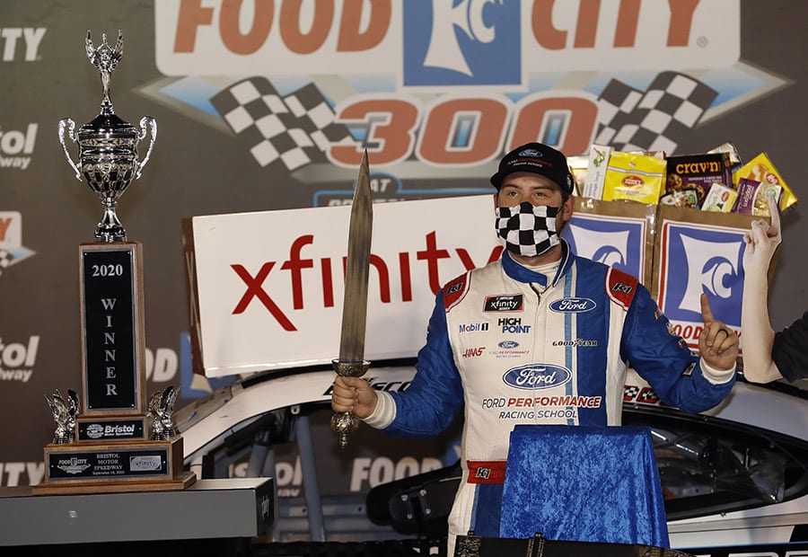 Chase Briscoe poses in victory lane after winning Friday's Food City 300 at Bristol (Tenn.) Motor Speedway. (HHP/Andrew Coppley Photo)