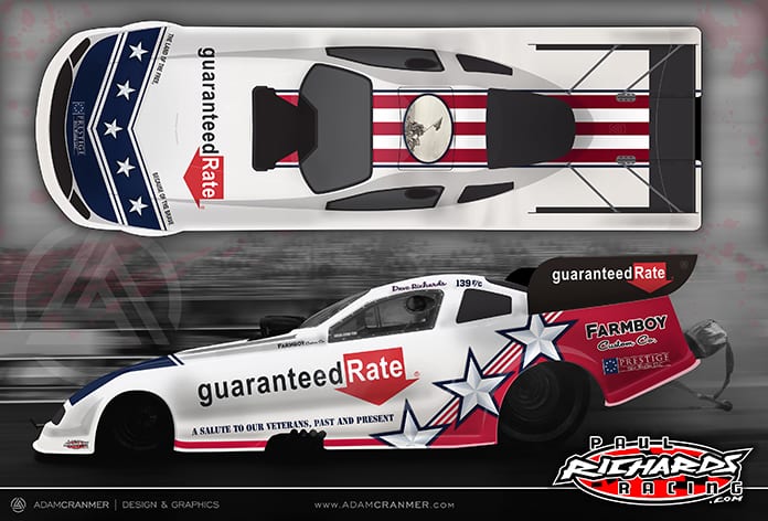 Guaranteed Rate is backing Funny Car driver Dave Richards during the Gatornationals this weekend.