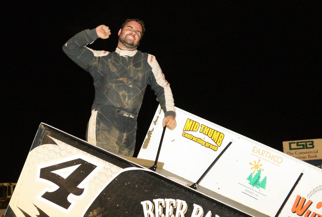 Cap Henry celebrates winning the Pete Jacobs Memorial at Wayne County Speedway. (Todd Ridgeway photo)