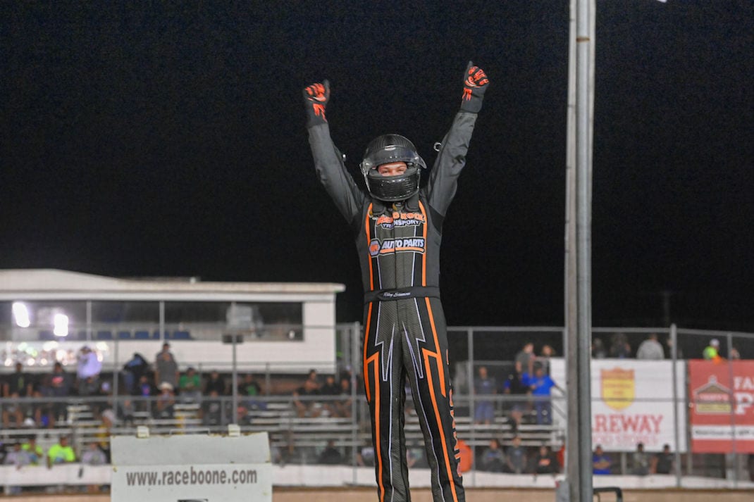 Riley Simmons in victory lane at Boone Speedway. (Tom Macht photo)