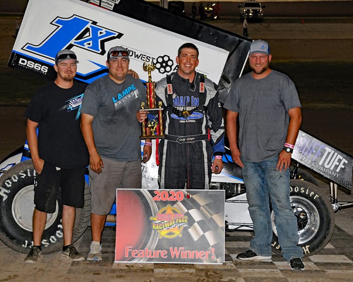 Cody Lampe earned his first sprint car victory Saturday at Dodge City Raceway Park.