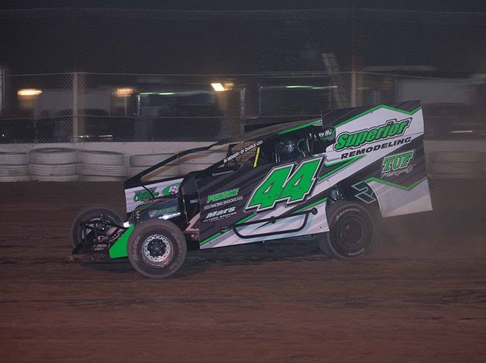 Anthony Perrego on his way to victory Sunday night at Fonda Speedway. (Dylan Friebel Photo)