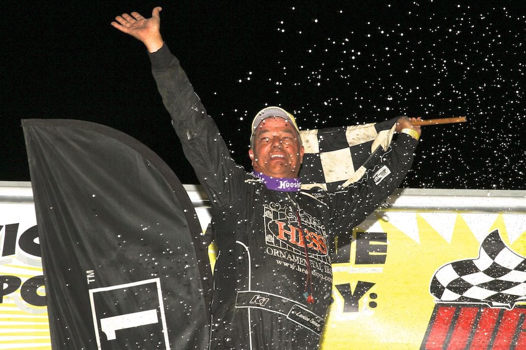 Lance Dewease celebrates winning the Tuscarora 50 for the seventh time at Port Royal Speedway. (Dan Demarco photo)