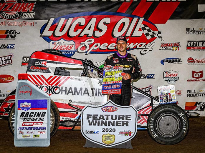 Mario Clouser won the POWRi Lucas Oil WAR Sprint League portion of the opening day of the Jesse Hockett-Daniel McMillin Memorial. (GS Stanek Racing Photography)