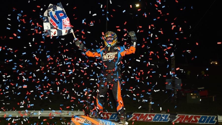 Chris Windom celebrates victory at Bloomington Speedway. (David Nearpass photo)