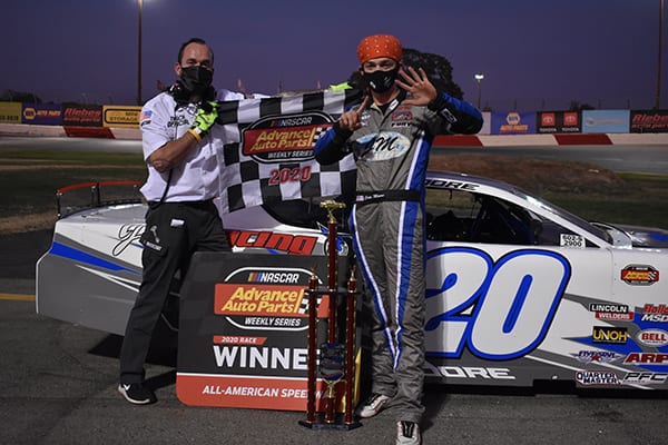 Cole Moore swept a pair of late model features Saturday at All-American Speedway. (Don Thompson Photo)