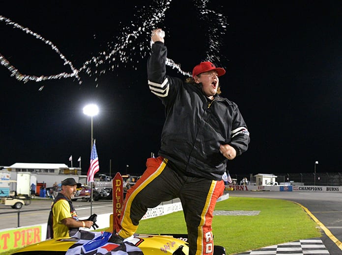 Boo Boo Dalton celebrates a victory Sunday night at Carteret County Speedway. (Eric Creel Photo)