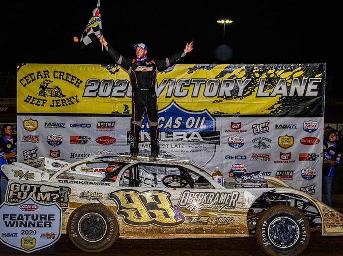 Mason Oberkramer claimed his first Lucas Oil MLRA victory Saturday night at Lucas Oil Speedway. (GS Stanek Racing Photography Photo)